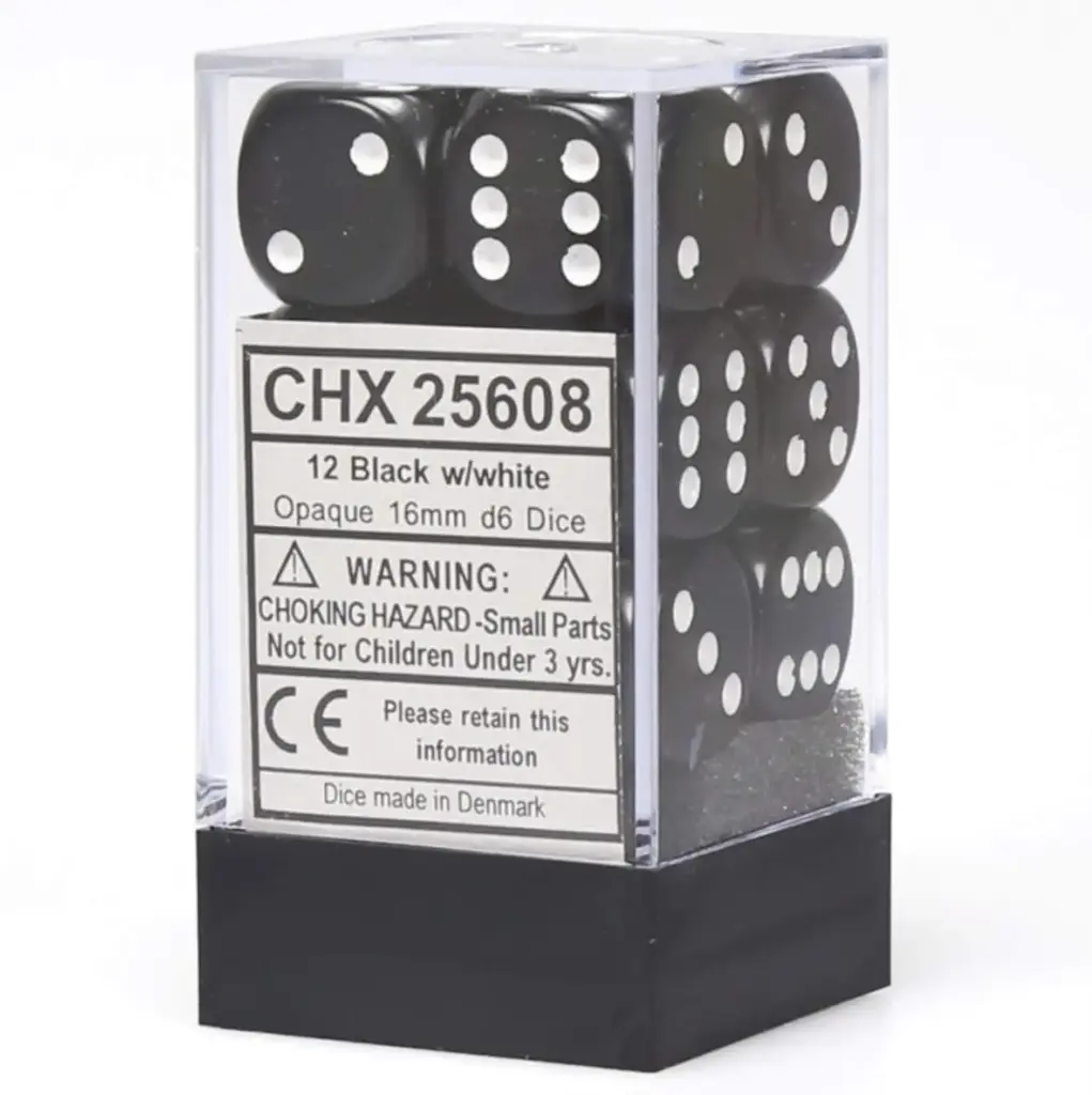 Chessex: Opaque Black/White 16mm D6 Dice Block (12 dice)