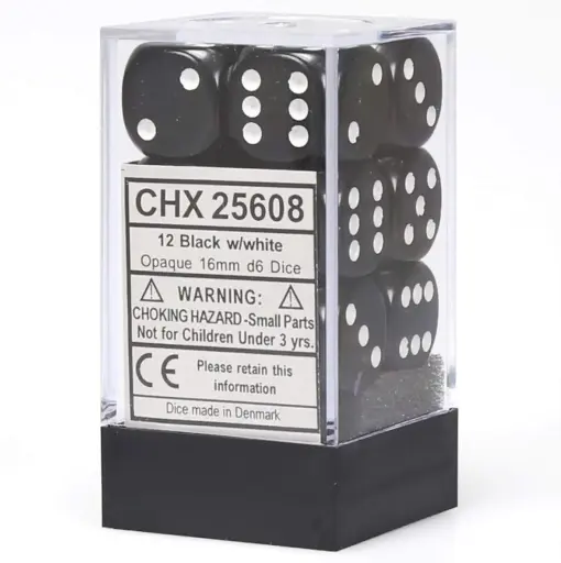 Chessex: Opaque Black/White 16mm D6 Dice Block (12 dice)